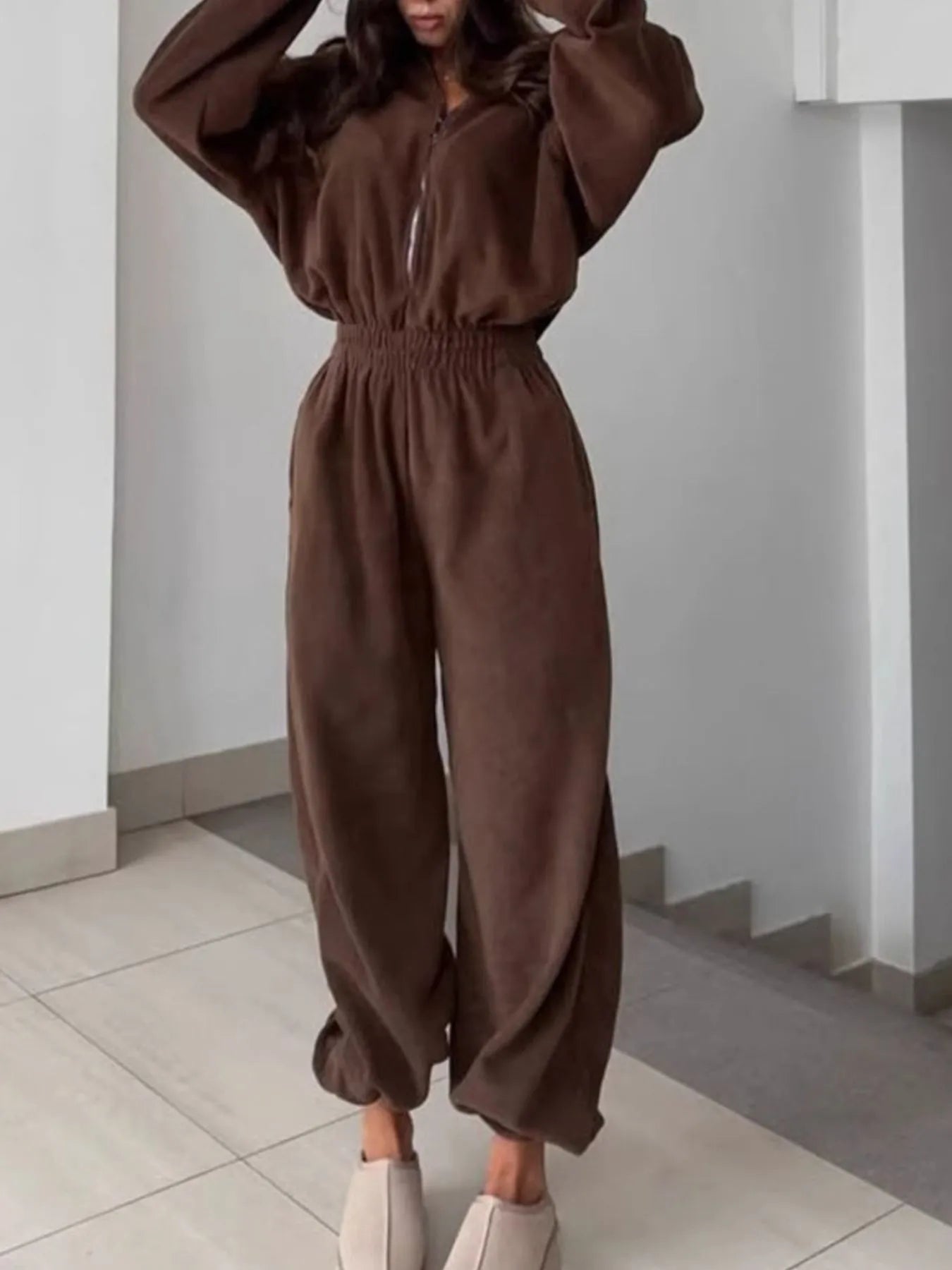 Casual Zip Front Long Sleeve Jumpsuit