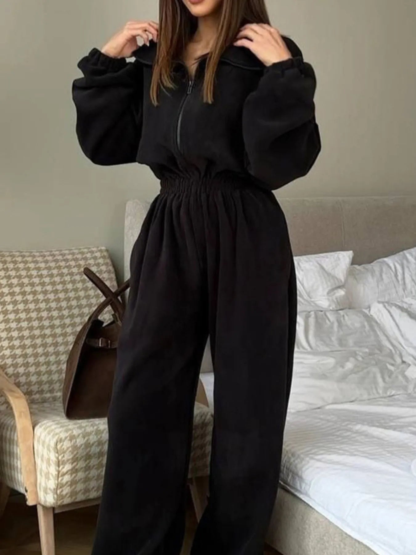 Casual Zip Front Long Sleeve Jumpsuit