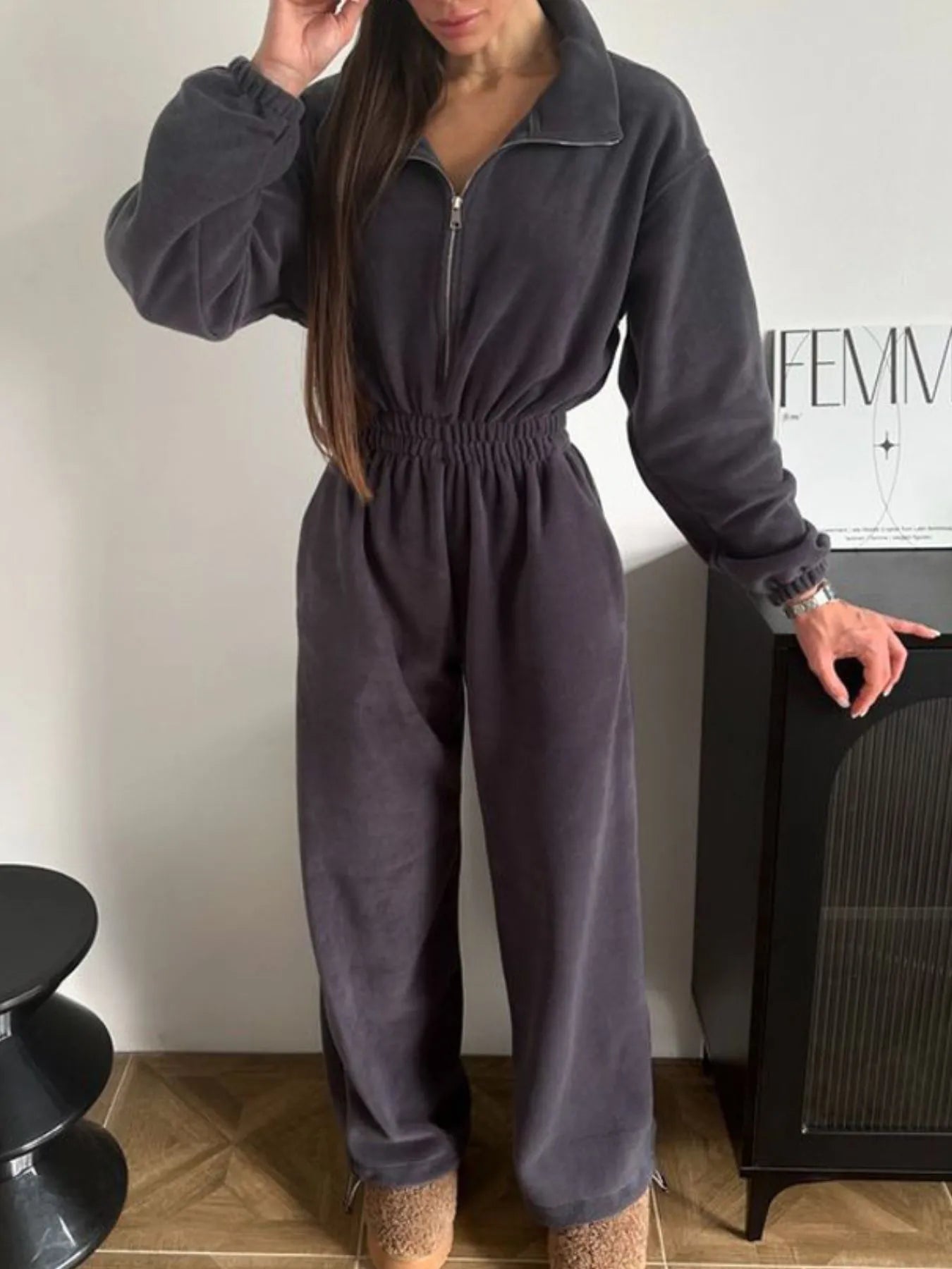 Casual Zip Front Long Sleeve Jumpsuit