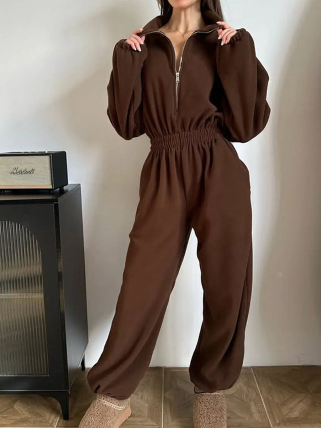 Casual Zip Front Long Sleeve Jumpsuit