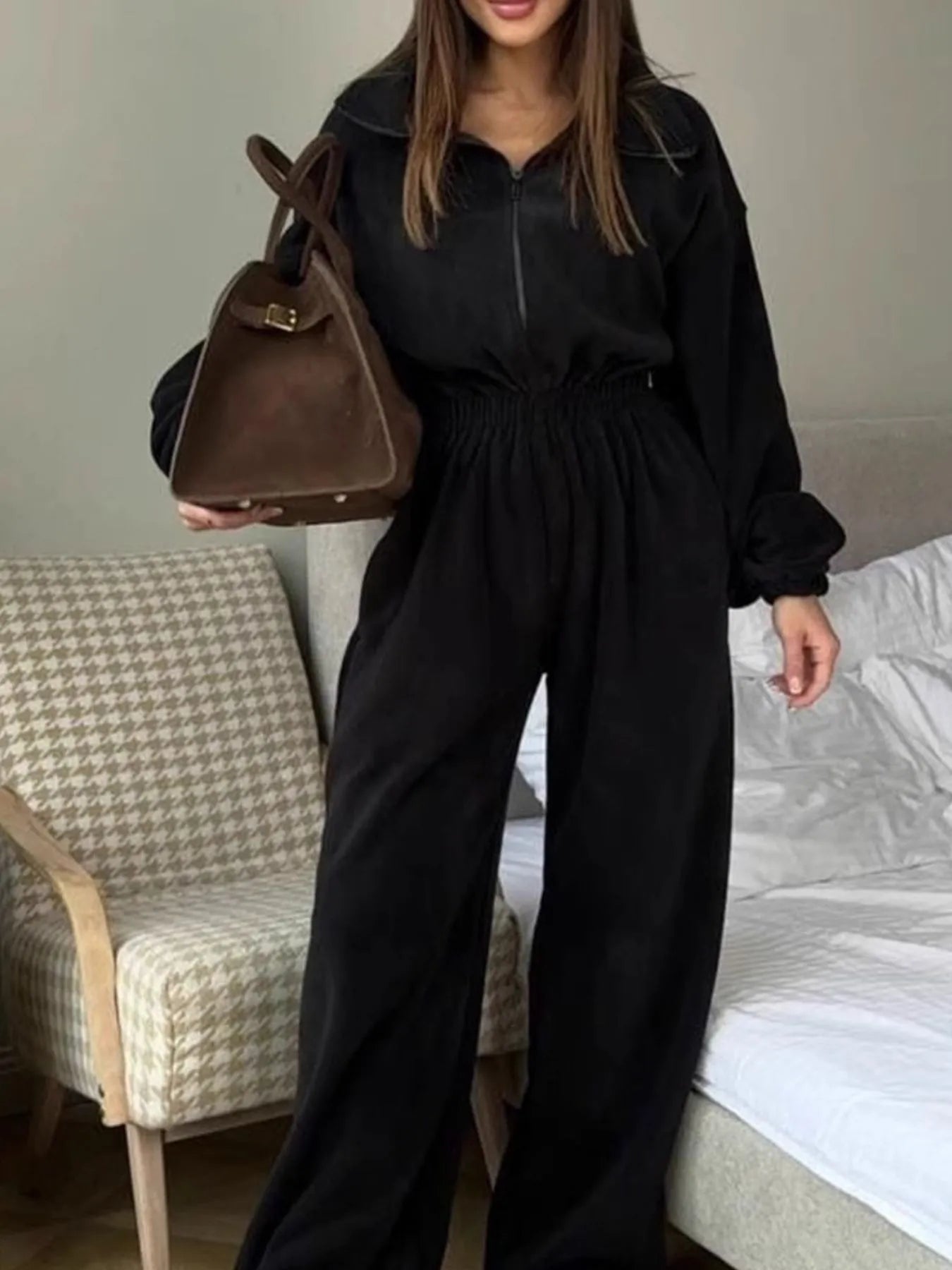 Casual Zip Front Long Sleeve Jumpsuit