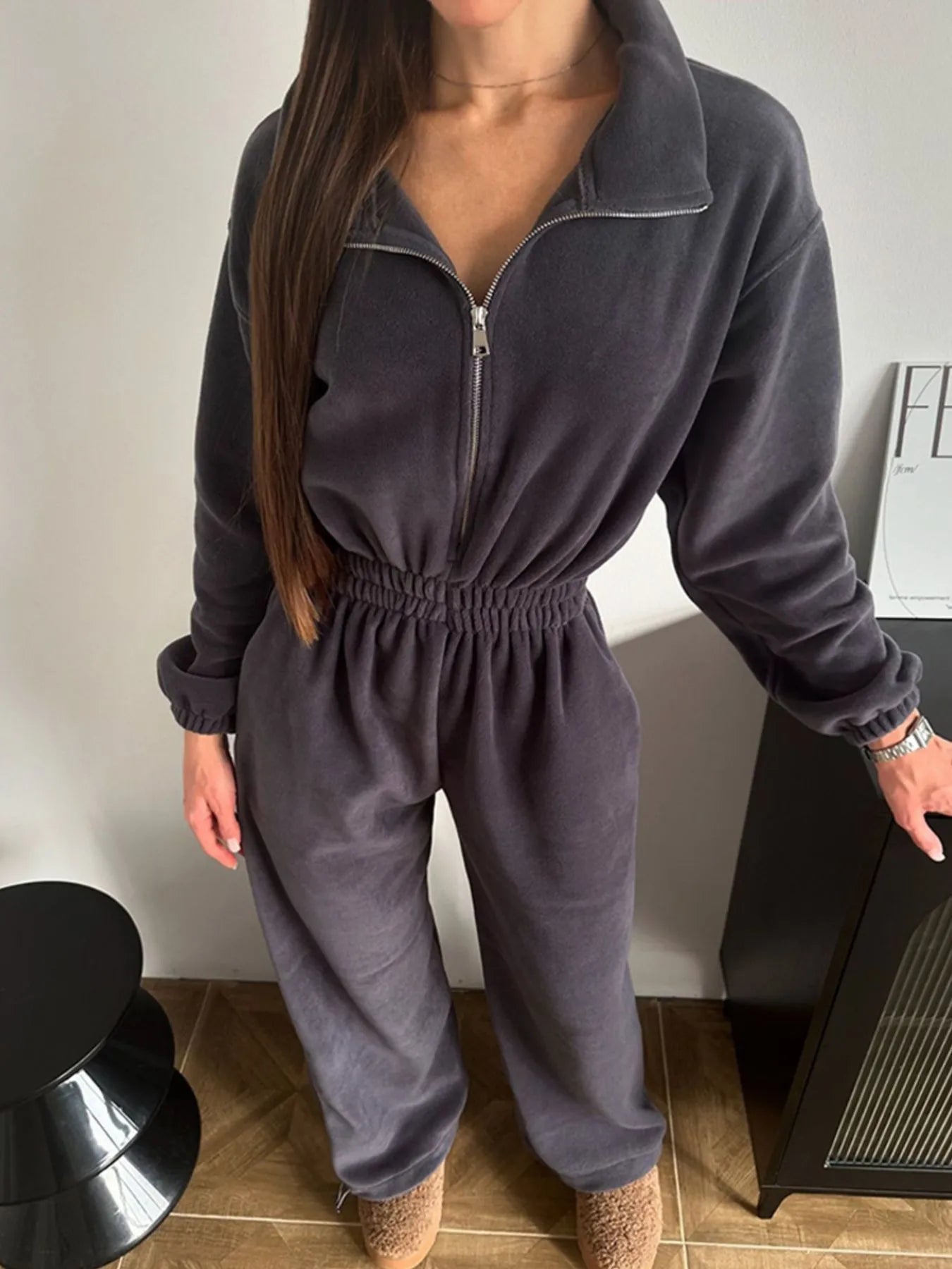 Casual Zip Front Long Sleeve Jumpsuit