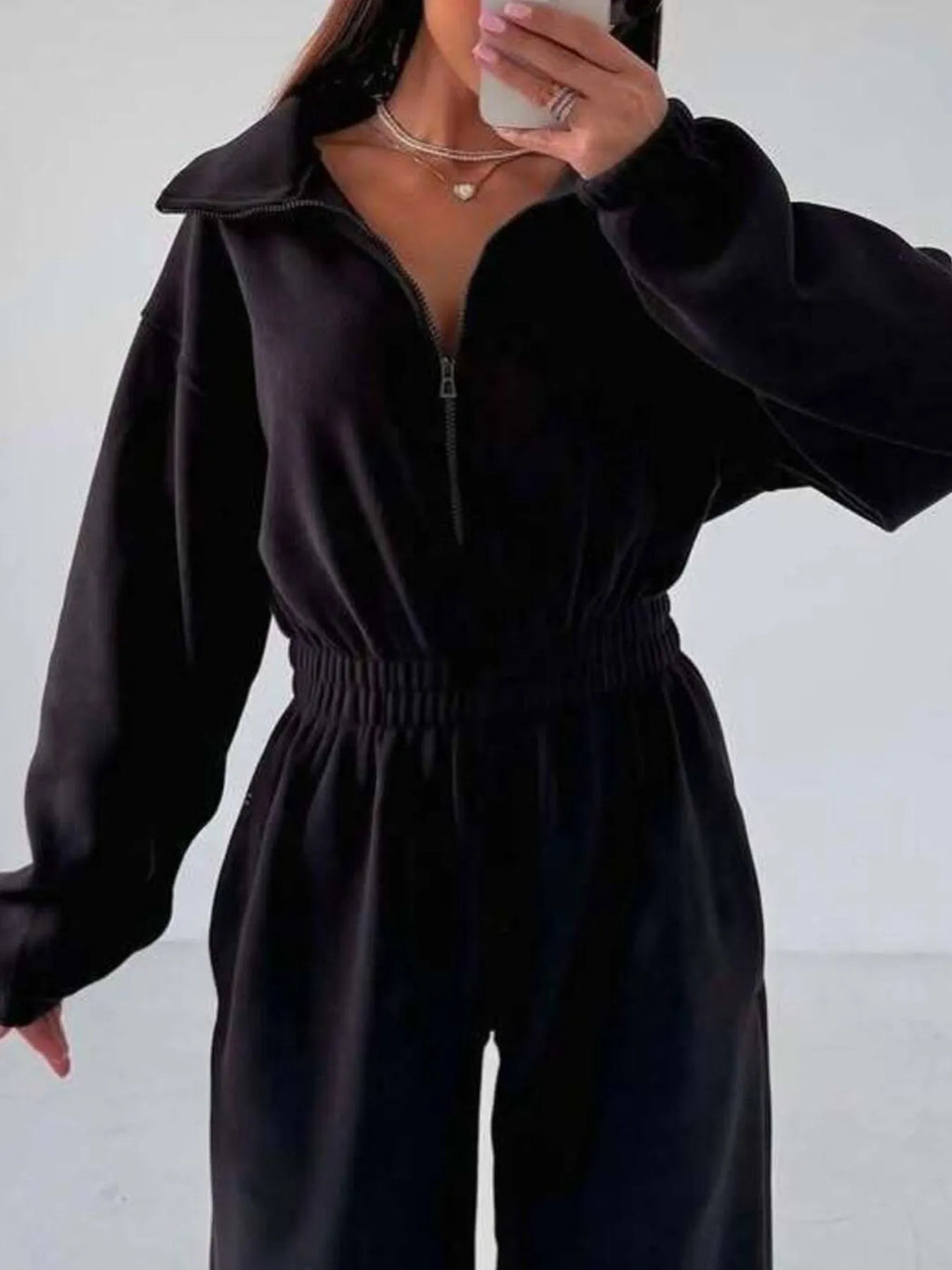 Casual Zip Front Long Sleeve Jumpsuit